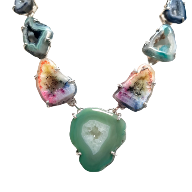 Green multi color geode necklace sterling silver