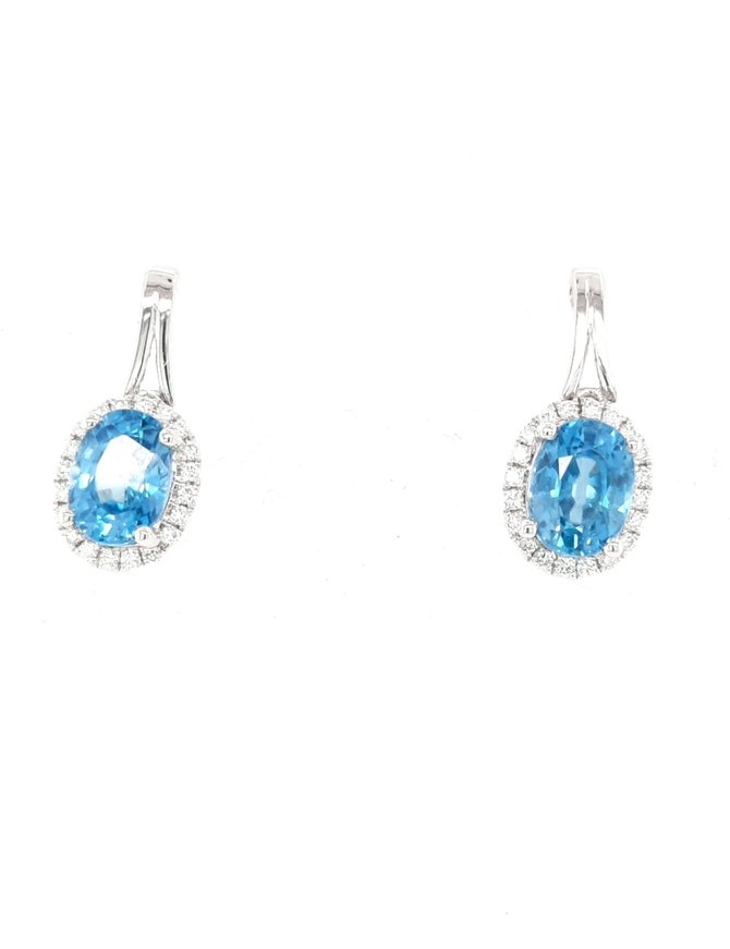 Blue zircon (3.8ctw) & diamond (0.27ctw) oval halo earrings 14k white gold
