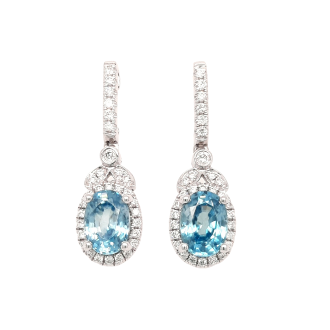 Blue zircon (1.29 ctw) & diamond (0.31 ctw) oval earrings 14k white gold