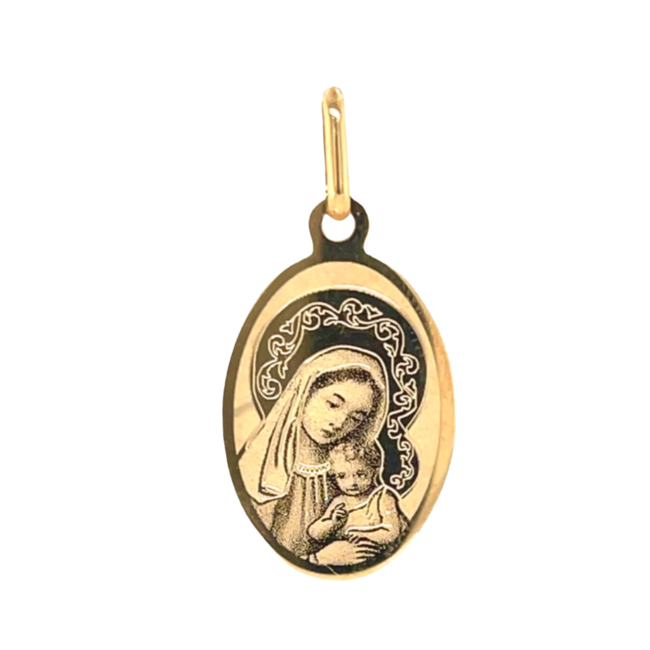 18k yellow gold virgin mary/baby jesus oval charm .84gr