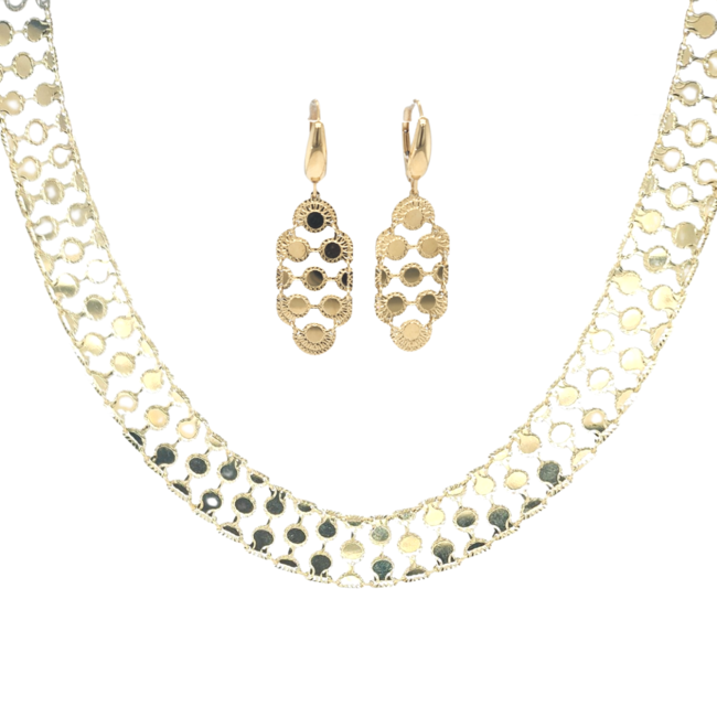 Circle motif collar necklace/earring set 18k yellow gold 21.4gr