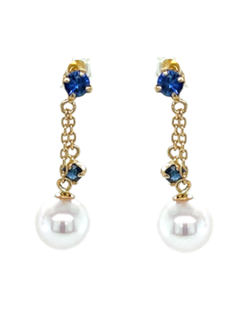 Akoya pearl & sapphire dangle earrings 18k yellow gold