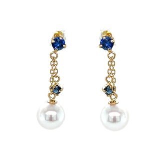 Akoya pearl & sapphire dangle earrings 18k yellow gold