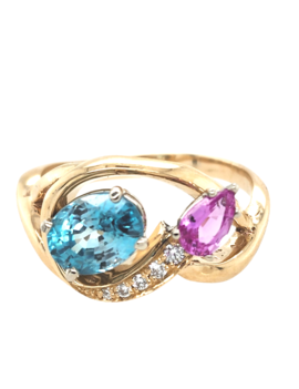 TQ original blue zircon (2.19ct) Pink Sapphire (0.45ctw) & diamond (0.08ctw) ring 14k yellow gold