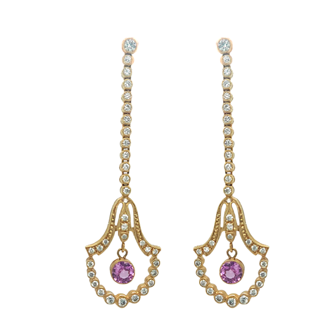 0.78ctw pink sapphire 0.75ctw diamond dangle earrings 14k rose gold