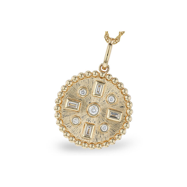 Diamond (0.23 ctw) baguette & round brushed pendant, 14k yellow gold