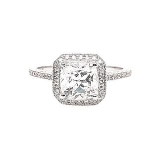 Diamond (0.21 ctw CZ ctr) square beaded halo setting, 18k white gold 3.4 gr