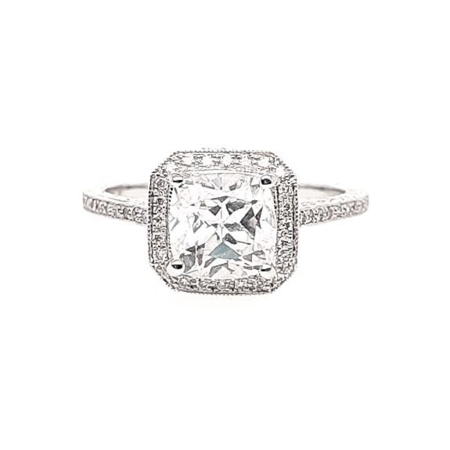 Diamond (0.21 ctw) square beaded halo setting, 18k white gold, shown with a cz center, center stone not included
