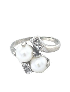 Estate pearl(6mm) diamond(0.02ctw) ring, 14k white gold