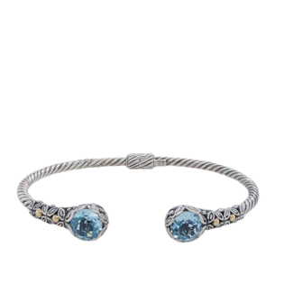 Blue topaz Bali cuff bracelet, 18k yellow gold & s/s