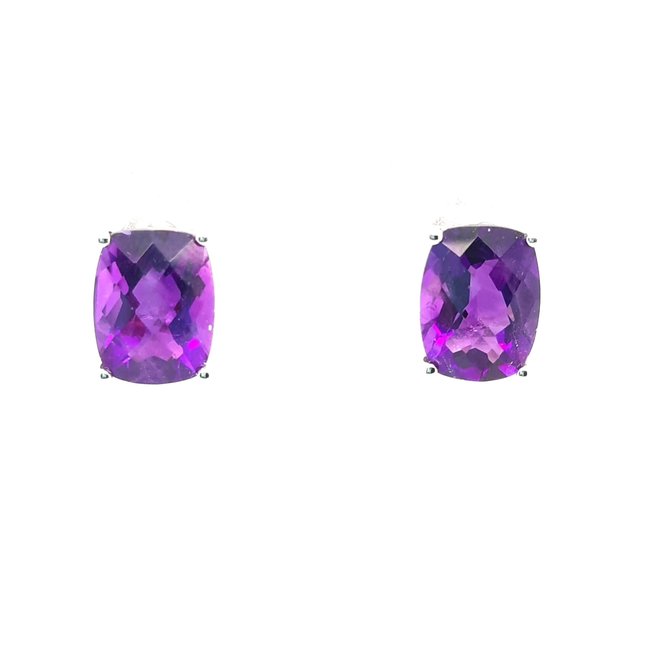 Amethyst (2.27 ctw) rectangle checkerboard cut stud earrings 14k white gold