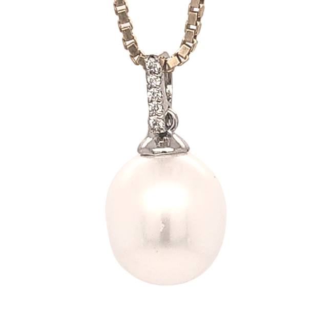 Freshwater cultured pearl (8-8.5mm) diamond accent pendant 14k white gold