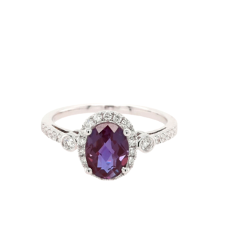 Lab grown alexandrite (2.10 ct) & diamond (0.30 ctw) oval halo ring 14k white gold