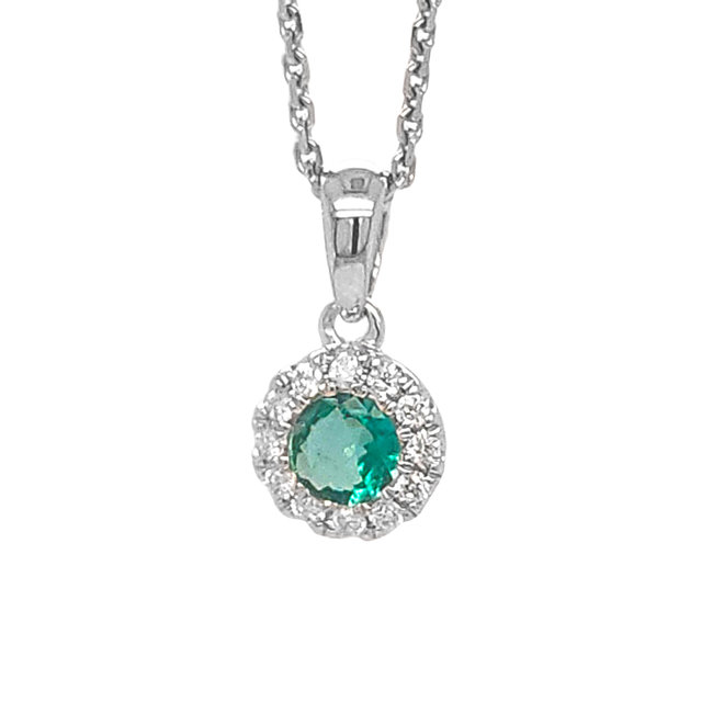 Emerald (0.20 ct) & diamond (0.08 ctw) round halo pendant 14k white gold