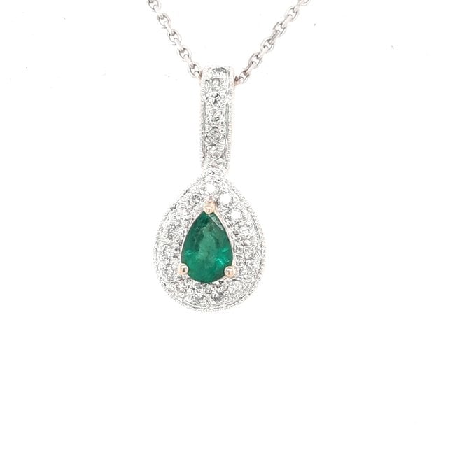 Emerald & diamond (0.50 ctw) pear pendant 14k yellow gold 1.6 gr