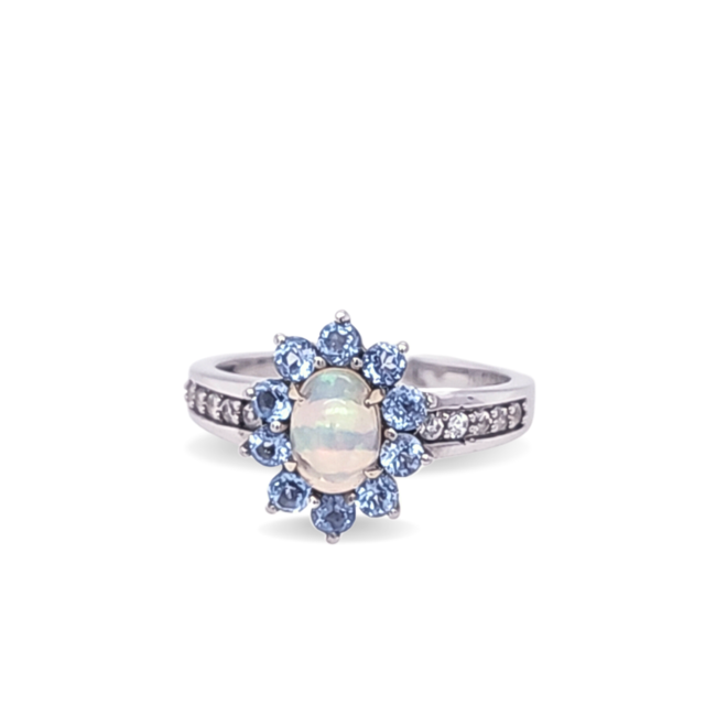 Ethiopian opal, swiss blue topaz, white zircon ring, sterling silver