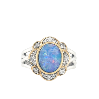 Australian opal doublet, white zircon ring, sterling silver