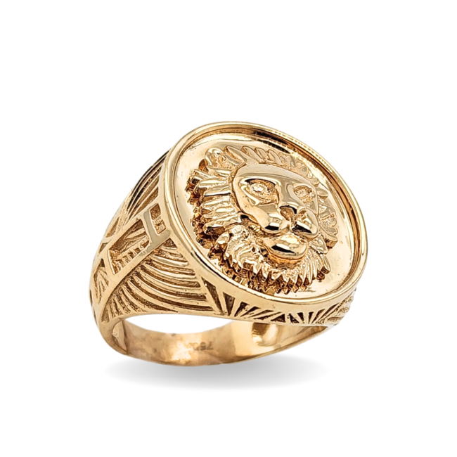 Lion medallion men's ring 18k yellow gold