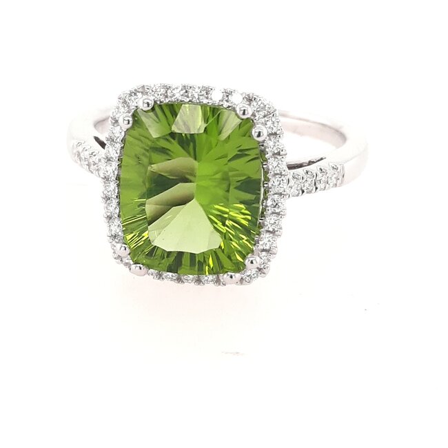 Peridot (3.69 ct) & diamond (0.21 ctw) fancy cut ring 14k white gold