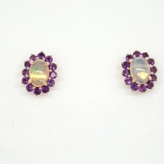 Opal (0.93 ctw) & amethyst (0.77 ctw) oval stud earrings 14k yellow gold