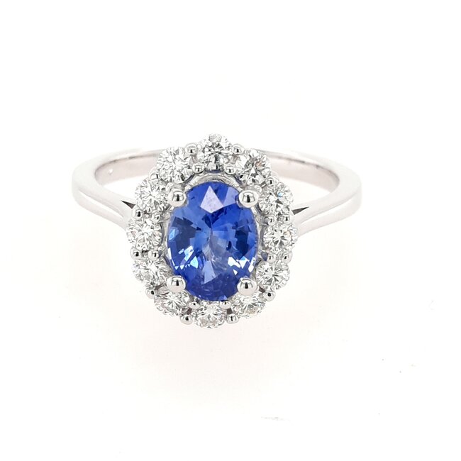 Sapphire (1.5 ct) oval & diamond (0.60 ctw) halo ring 14k white gold