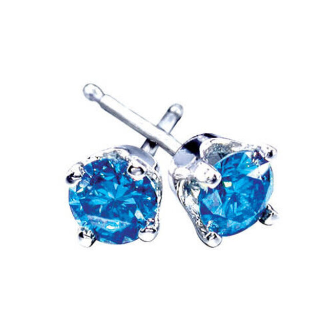 Blue diamond (0.87 ctw) 4-prong stud earrings, 14k white gold
