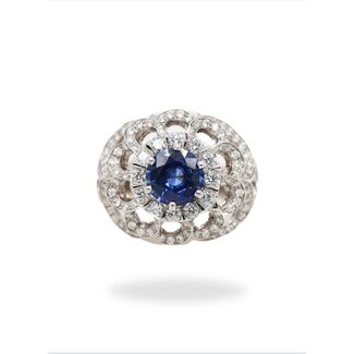 TQ sapphire & diamond (3.59ctw/1.87ctr) round floral ring 14k white gold