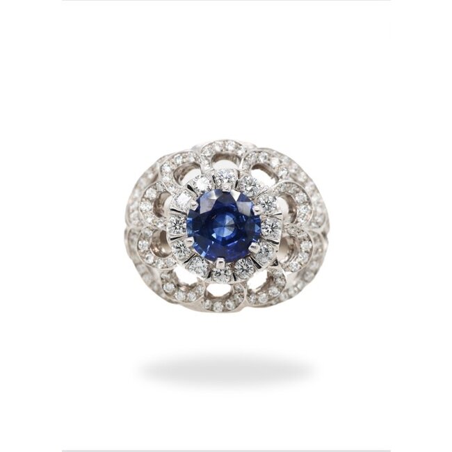 TQ sapphire & diamond (3.59ctw/1.87ctr) round floral ring 14k white gold