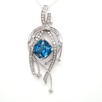 TQ teal blue topaz & diamond (6.22 ctw/5.72 ctr) pendant 14k white gold 9.2 gr