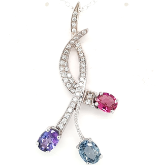 TQ multi-color sapphire (3.45 ctw) & diamond (0.60 ctw) pendant 14k white gold 6.6 gr