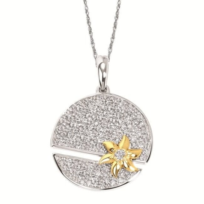 Diamond (3/8 ctw) disc with flower pendant, 14k white and yellow gold