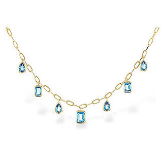 Blue topaz (4.10 ctw) pear/emerald cut dangle paperclip necklace 14k yellow gold