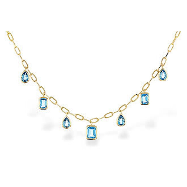 Blue topaz (4.10 ctw) pear/emerald cut dangle paperclip necklace 14k yellow gold