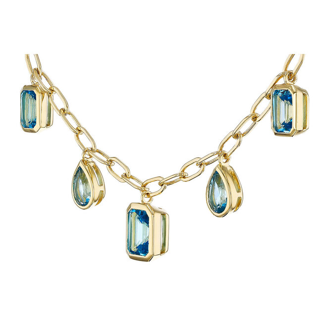 Blue topaz (4.10 ctw) pear/emerald cut dangle paperclip necklace 14k yellow gold
