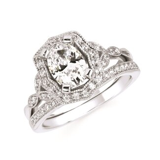 Oval diamond (0.20 ctw) vintage halo setting CZ ctr 14k white gold 4.4 gr