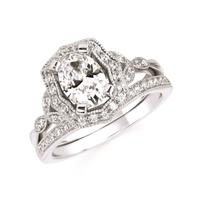 Oval diamond (0.20 ctw) vintage halo setting CZ ctr 14k white gold 4.4 gr