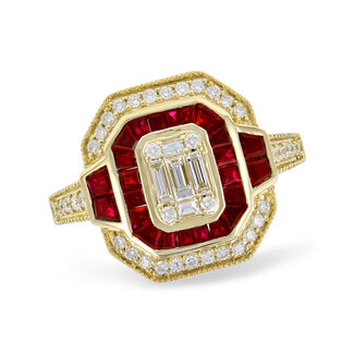 Ruby (1.02ct) & diamond (0.40ctw) art deco ring, 14k yellow gold