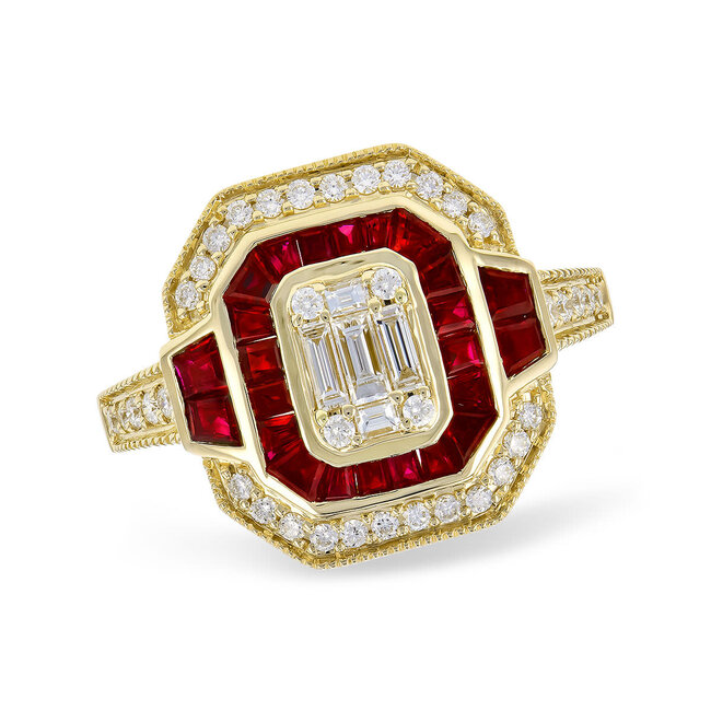 Ruby (1.02ct) & diamond (0.40ctw) art deco ring, 14k yellow gold