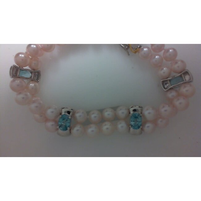 Freshwater 2-stand pearl bracelet with blue zircon (7.0ctw), 14k white gold