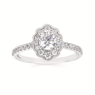 Diamond (0.50 ctw) halo with scalloped edge setting CZ ctr 14k white gold 2.9 gr