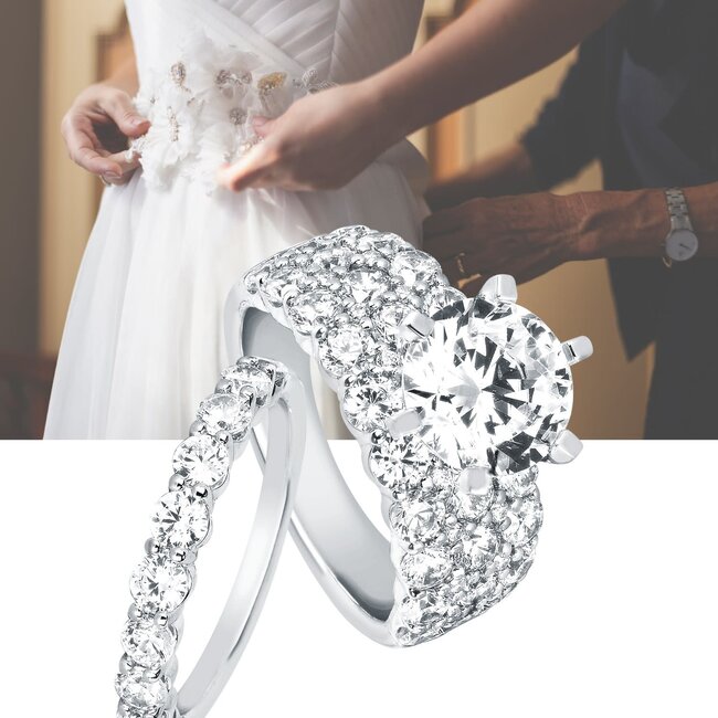 3-row diamond (2.5ctw/CZ ctr) bridal setting, 14k white gold