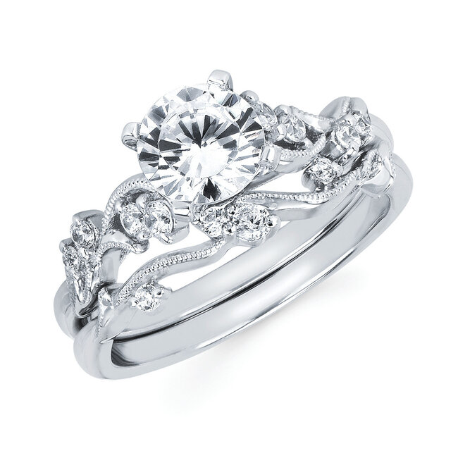 Diamond (0.17 ctw/CZ ctr) leaf motif bridal setting 14k white gold 3.4 gr