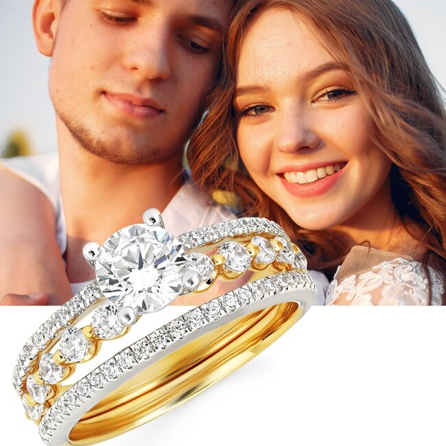 Diamond (0.50 ctw/CZ ctr) two row setting 14k white & yellow gold 3.5 gr