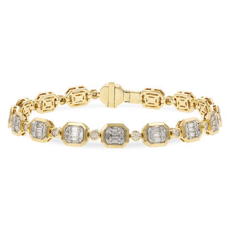 Round and baguette diamond (1.30ctw) bezel bracelet, 14k yellow gold