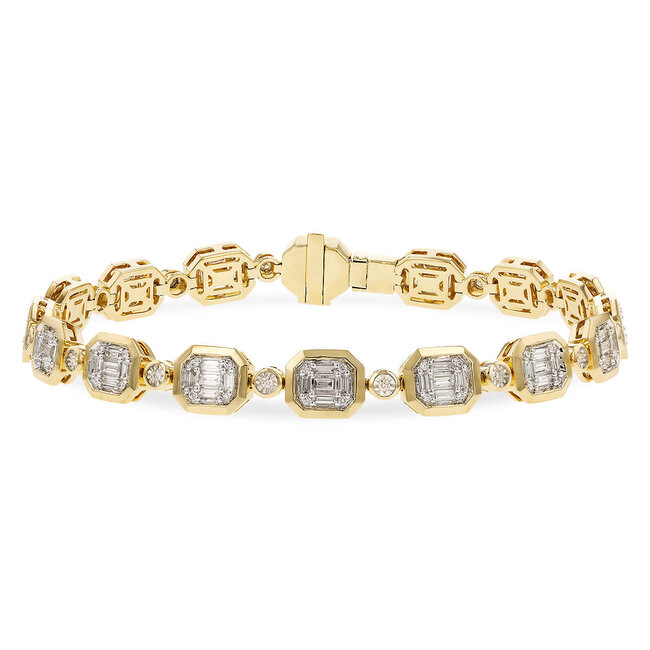 Round and baguette diamond (1.30ctw) bezel bracelet, 14k yellow gold