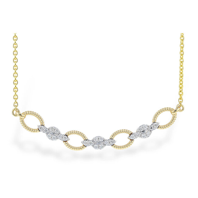 Diamond (0.25 ctw) rope design oval link horizontal curved bar necklace 14k yellow & white gold