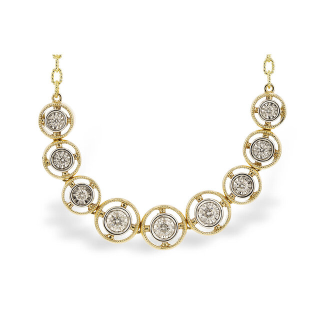 Diamond (0.25 ctw) bezel set w/ gold halos necklace 14k white & yellow gold