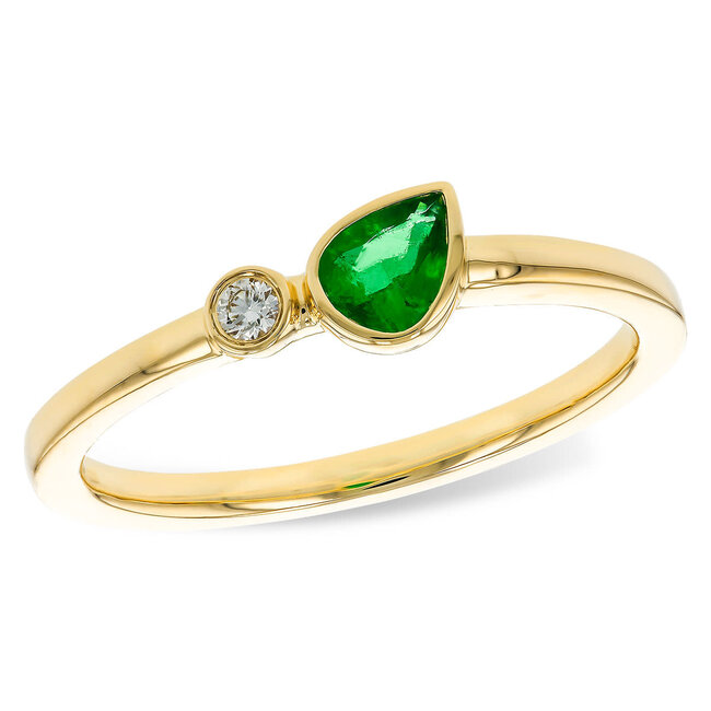 Emerald (0.2) & diamond (0.22 ctw) pear & round 2 stone ring 14k yellow gold