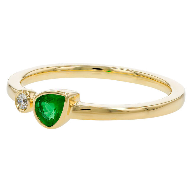Emerald (0.2) & diamond (0.22 ctw) pear & round 2 stone ring 14k yellow gold