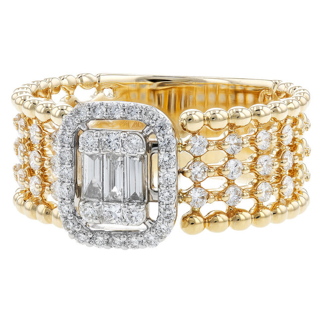 Diamond (0.60 ctw) round & baguette woven wide band 14k white & yellow gold